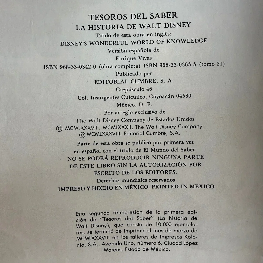 Vintage Walt Disney Tesoros Del Saber Vol 21 La Historia de Walt Disney 1988